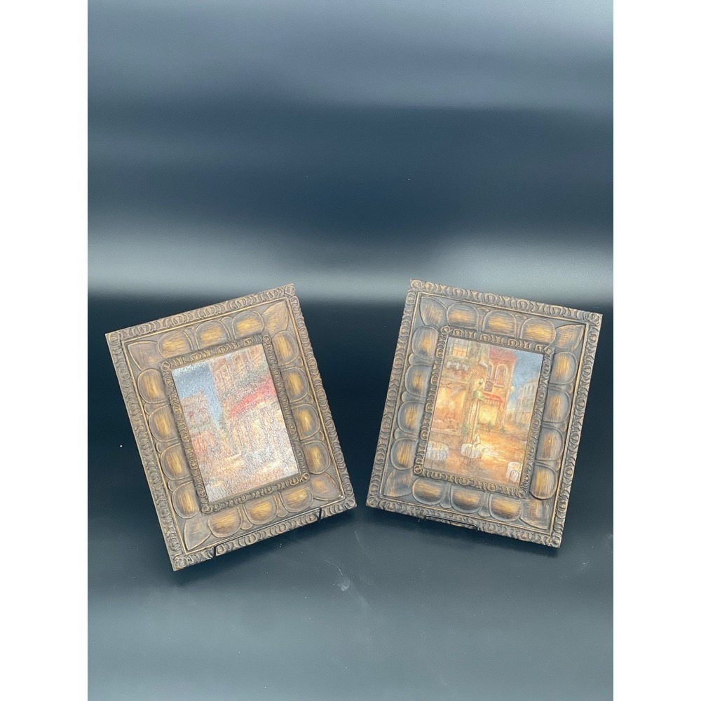 Vintage European Cafe Street Scene Ornate Gold Framed Wall Art Set of 2